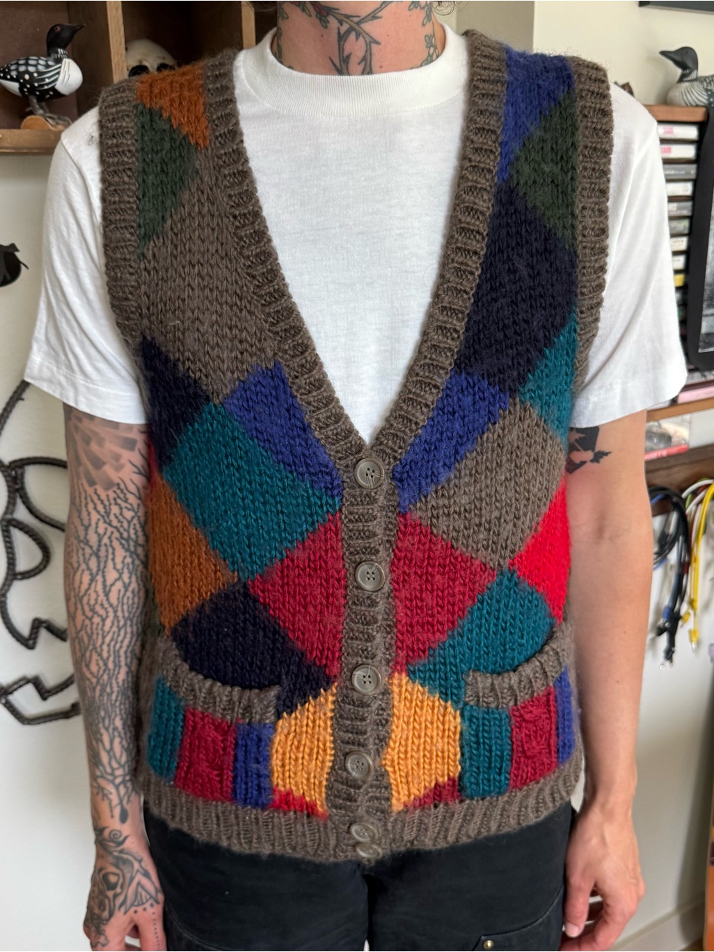 Vintage 80s Multicolored Diamond Wool Cardigan Sweater Vest~ Size Small